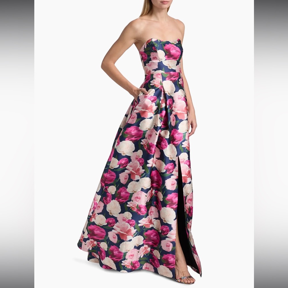 Sachin & Babi Giovanna Floral Satin Strapless Fit & Flare Gown Peony Ikat